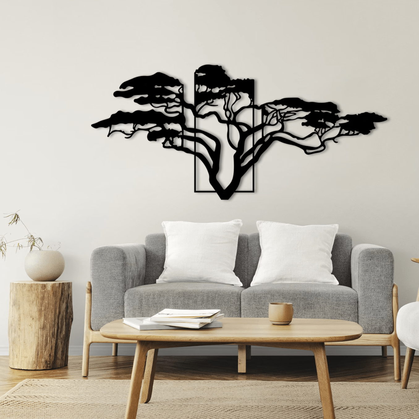 Acacia Tree Window Metal Artwork - S(600mm x 273mm) / Black