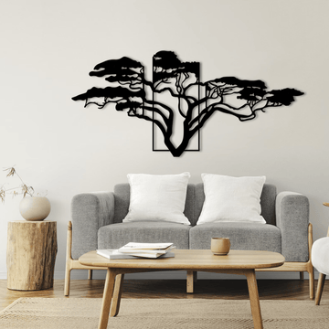 Acacia Tree Window Metal Artwork - S(600mm x 273mm) / Black