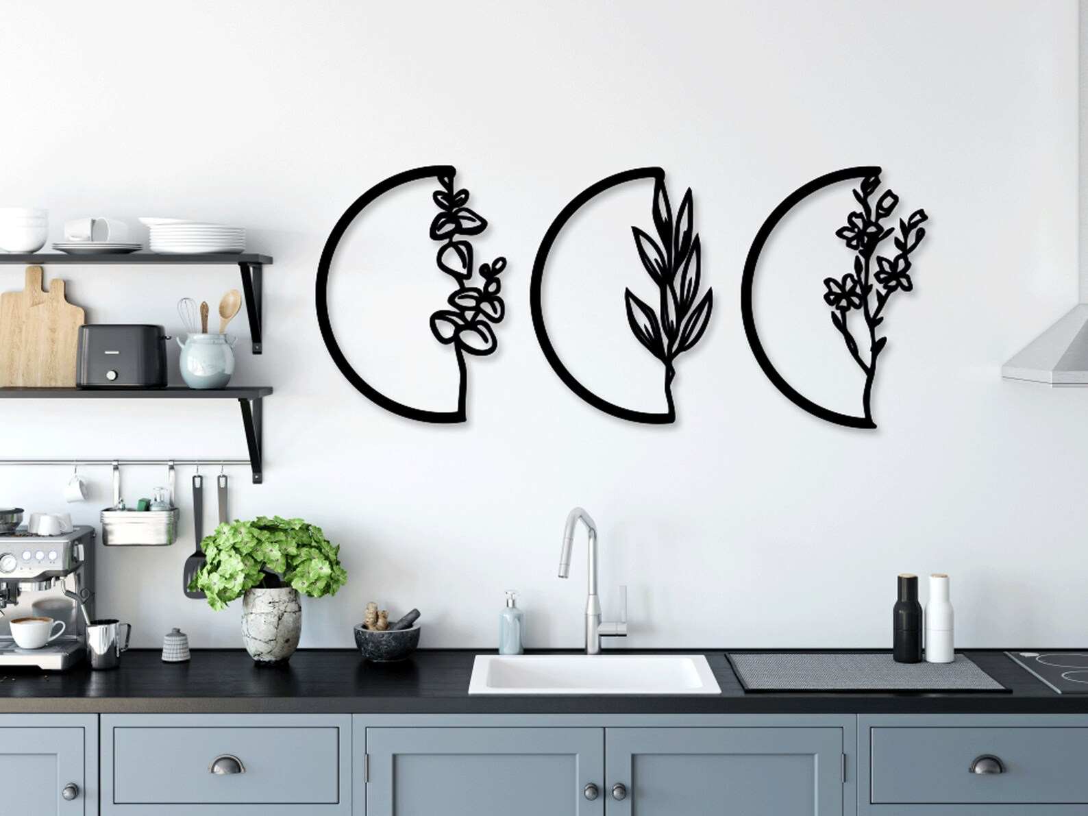 Half Moon Flowers Metal Wall Art - Black / M (800mm x + -336mm)