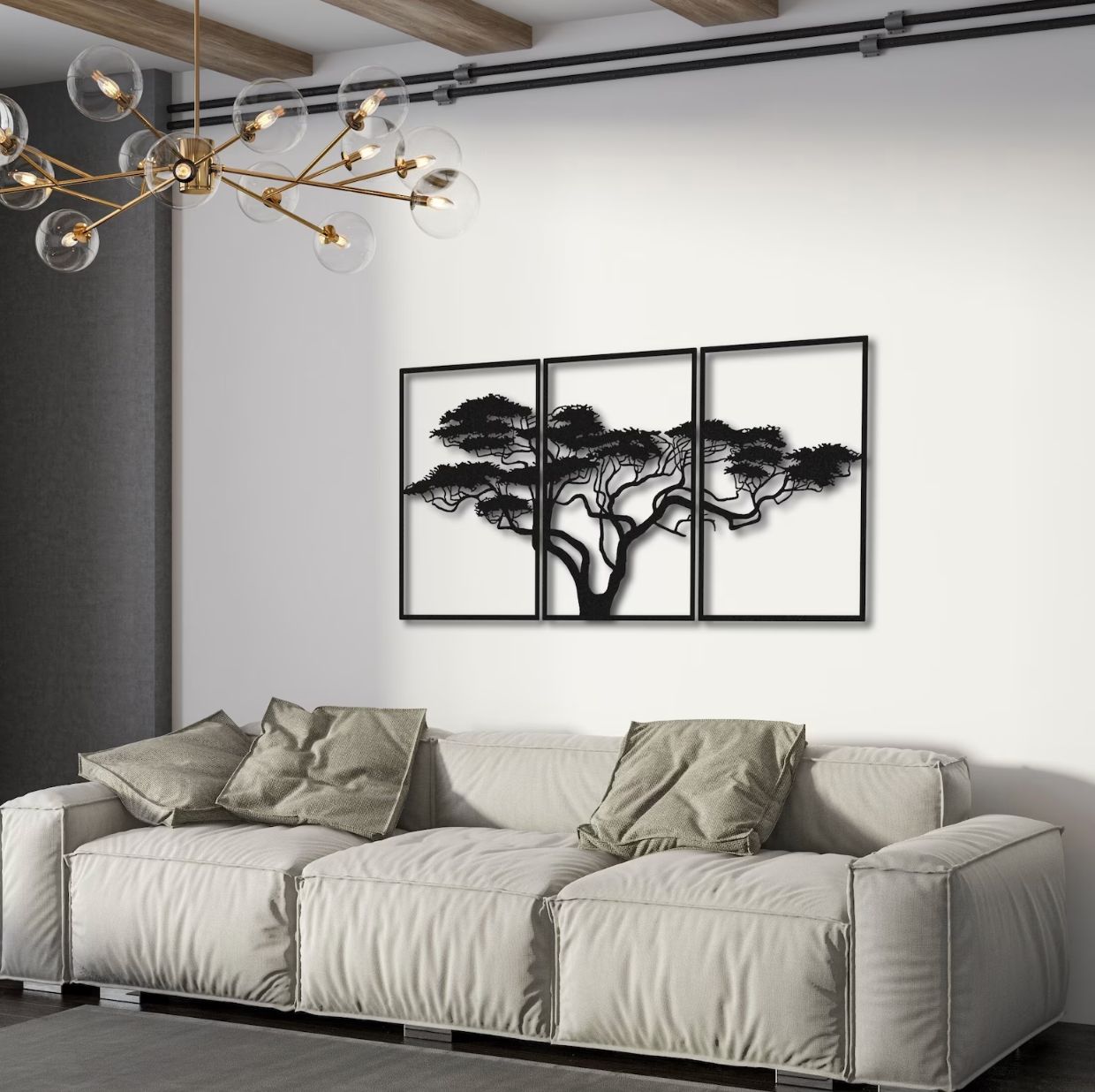 Triptych Tree Metal Wall Art - S(1250mm x 599mm) / Matt Black