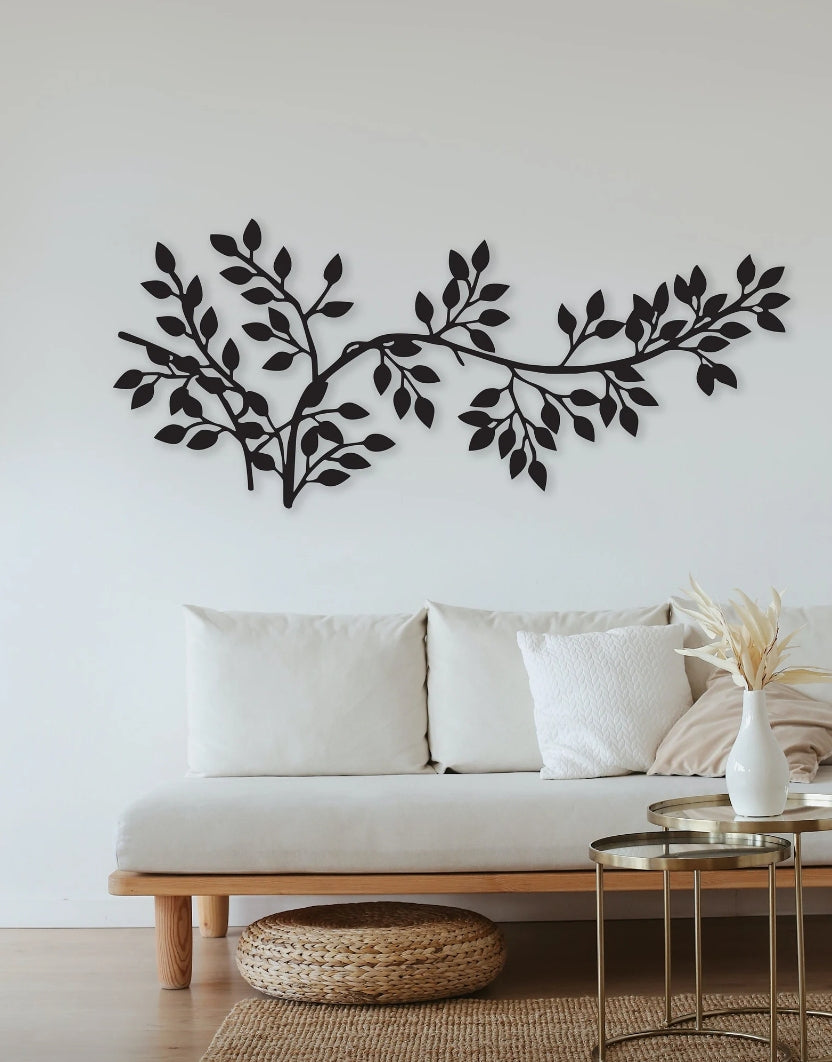 Branch with Leaves Metal Wall Art - S (400mm x + -175mm) / Black