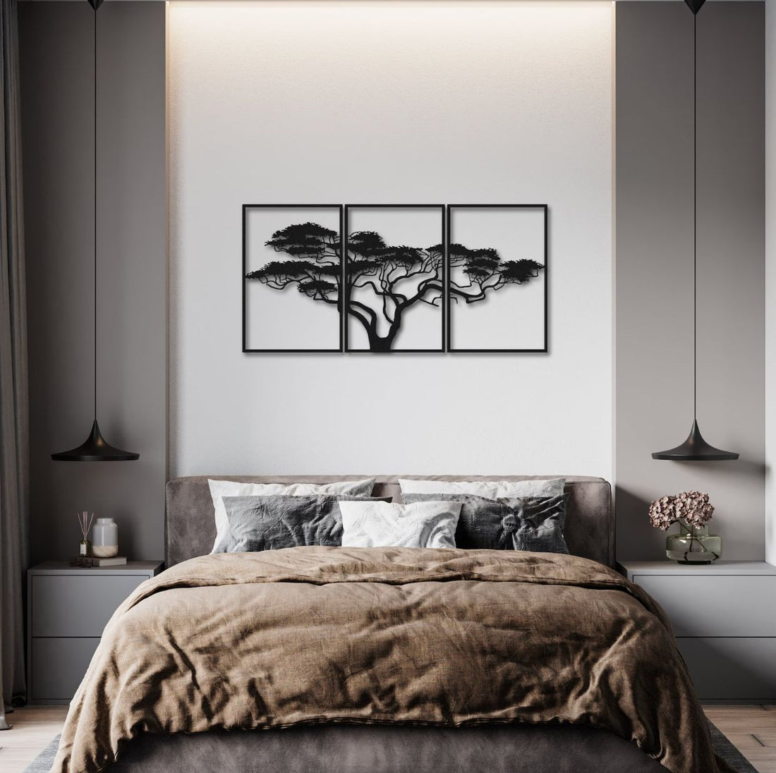 Triptych Tree Metal Wall Art - S(1250mm x 599mm) / Matt Black