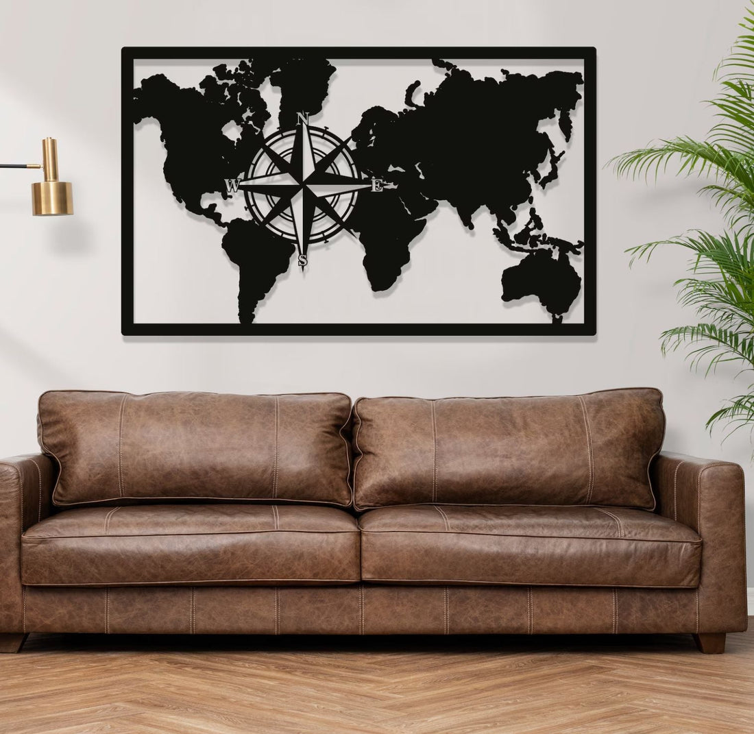 World Map Compass Framed Metal Wall Art - S(800mm x 486mm) / Black